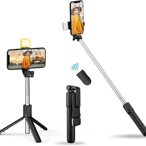Bluetooth Selfie Tripod with LED Light & Remote – 3-in-1